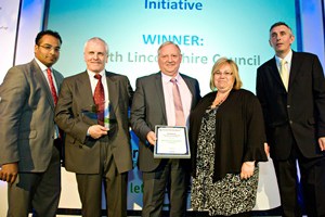 (l-r) Krishnan Guru-Murthy; Cllr Len Foster, Kevin Booth, North Lincolnshire council; Mandy Kelly, Palm Recycling; Steve Eminton